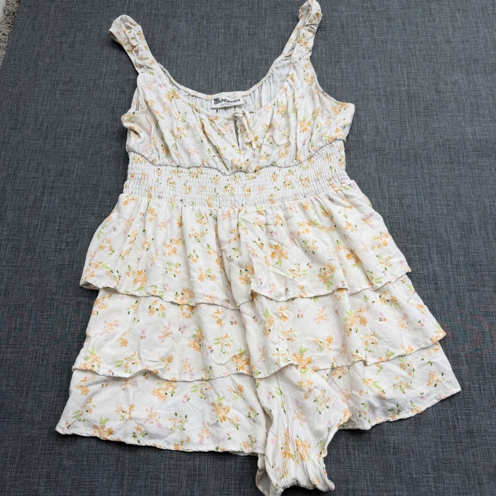 No Boundaries Romper Women XXL White Orange Floral Smocked Tiered Ruffle Boho